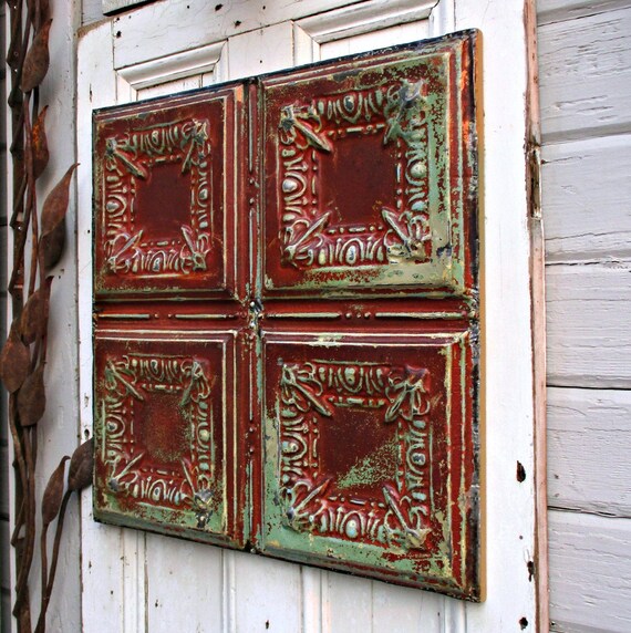 Tin Ceiling Tile Antique Architecture Salvage Wall Decor Tin 10 Anniversary Gift Old Barn Red Paint Rustic Farmhouse Ceiling Tin Art