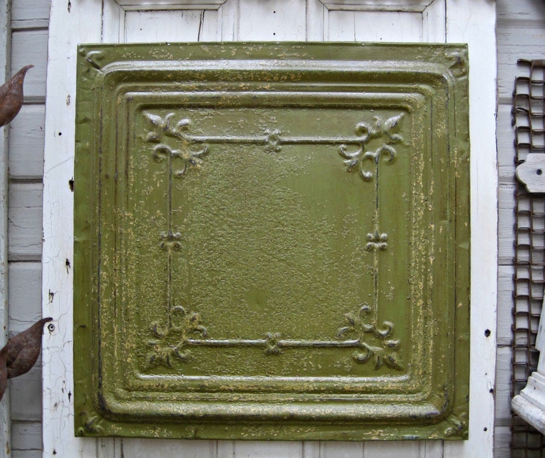 Framed Tin Ceiling Tile 24 Antique Architectural Salvage Wall Decor Tin 10th Anniversary Gift Large Green Wall Art