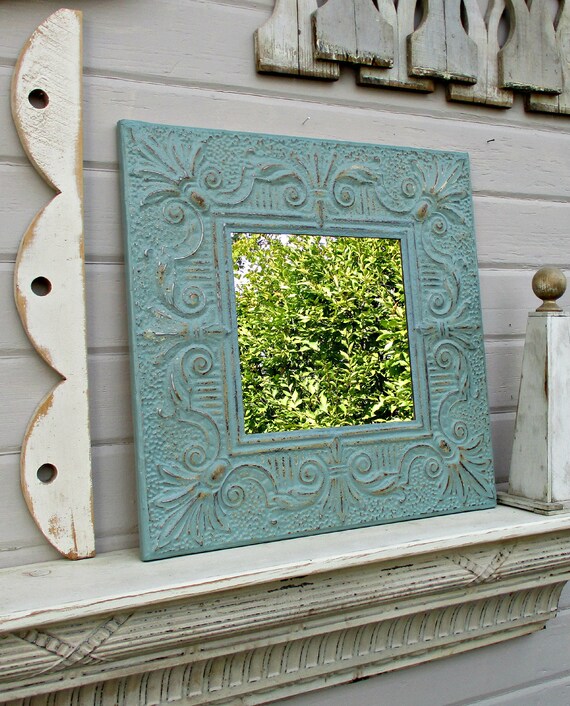 Tin Ceiling Tile Mirror Antique Architectural Salvage Turquoise Aqua Wall Mirror Bathroom Bedroom Entryway Mirror Metal Tile Mirror