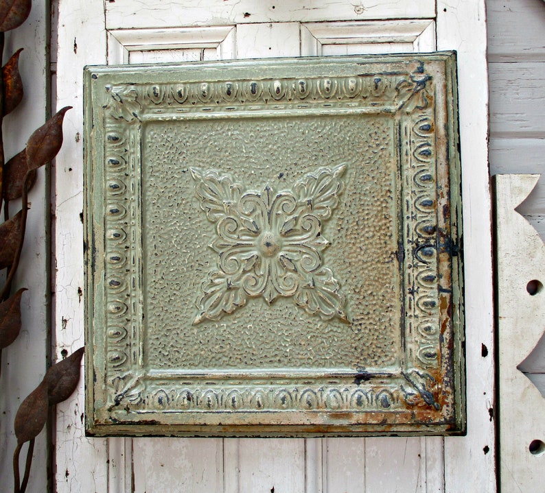 Antique Tin Ceiling Tile Panel Framed Pressed Tin Tile Old Chippy Paint Architecture Salvage Primitive Rustic Decor Metal Tile