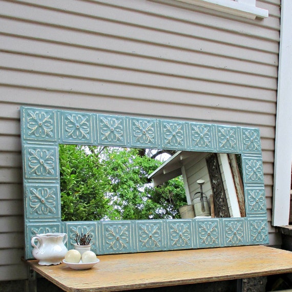 Tin Ceiling Tile Mirror 4 Foot Rectangle Antique Architectural Salvage Large Aqua Turquoise Mirror Bathroom Vanity Bedroom Wall Mirror