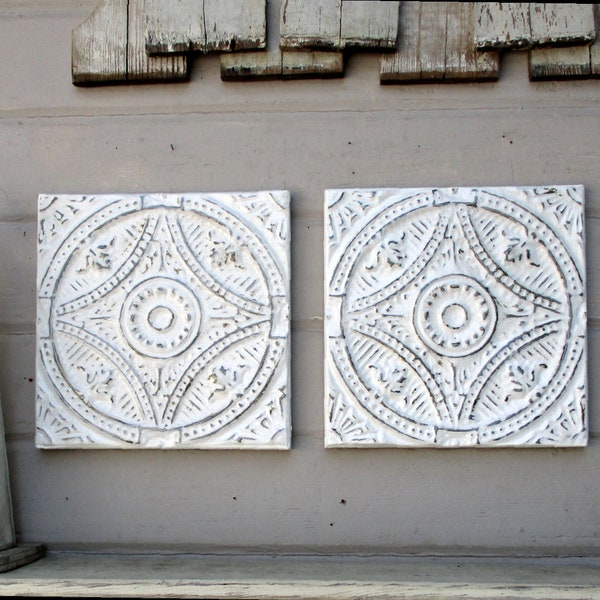 Tin ceiling tiles, Set of 2, Antique Architectural salvage, Recycled Vintage wall hanging, Small vintage art