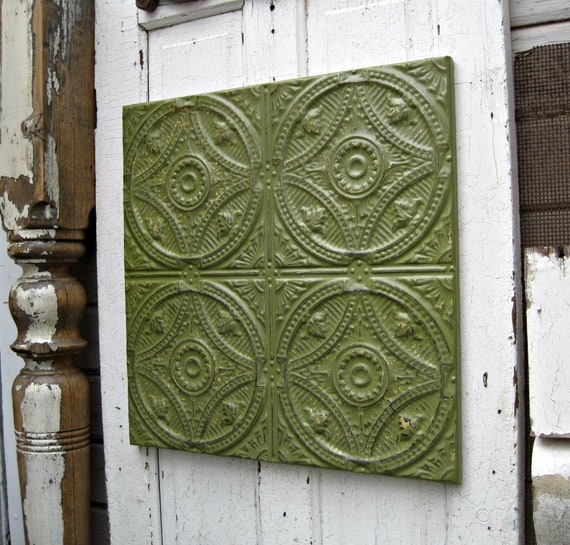 2x2 Tin Ceiling Tile Architectural Salvage From Oklahoma Framed Ready To Hang Green Antique Pressed Tin Tile Metal Wall Decor