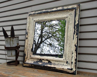 Rustic Primitive Mirror, Antique tin ceiling tile, Architectural salvage, Farmhouse cabin bathroom wall mirror, French country decor