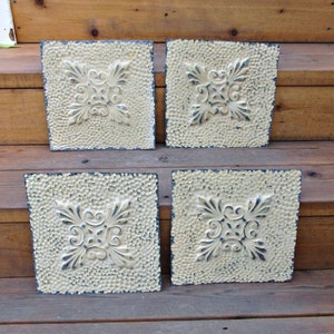 Tin ceiling tiles, Lot of 4, Old original paint architectural salvage, Vintage supplies, Unframed remnants from our workshop