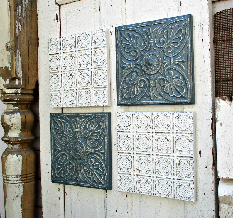 4 Framed Ready To Hang Old Ceiling Tiles Architecture Salvage Dresden Blue And White Wall Art Tin 10 Anniversary Gift Beach Decor