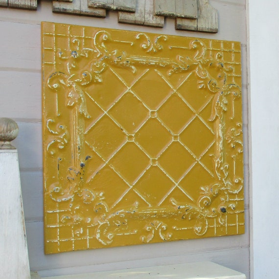 Antique Tin Ceiling Tile 24 Architectural Salvage Wall Art Tin Tenth Anniversary Gift Gold Mustard Yellow Decor Old Metal Tile