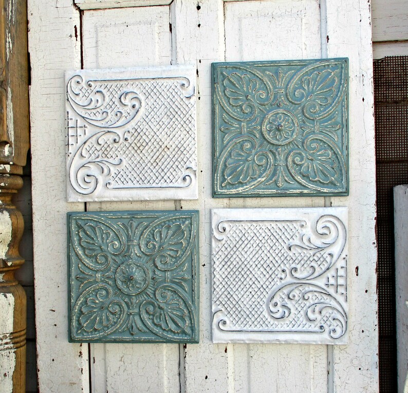 Tin Ceiling Tiles Set Of 4 Framed 12 Tiles Antique Etsy