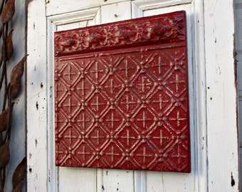 Tin Ceiling Tile, Antique Architectural salvage wall art, Framed ready to hang, Red kitchen bathroom bedroom wall