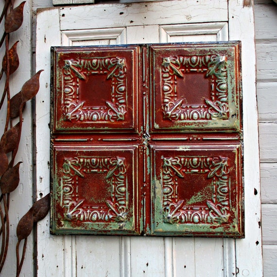 Tin Ceiling Tile Antique Architecture Salvage Wall Decor Tin 10 Anniversary Gift Old Barn Red Paint Rustic Farmhouse Ceiling Tin Art