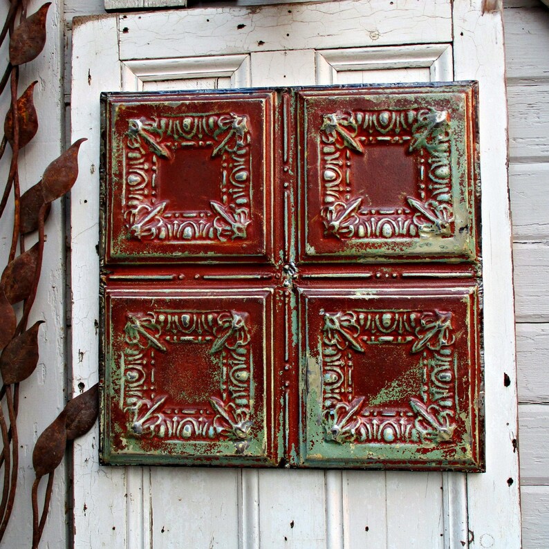 Tin Ceiling Tile Antique Architecture Salvage Wall Decor Tin 10 Anniversary Gift Old Barn Red Paint Rustic Farmhouse Ceiling Tin Art