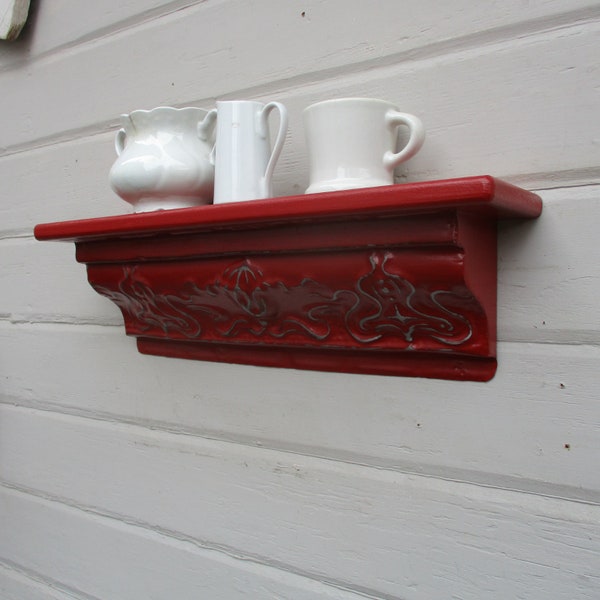 Antique ceiling tin wall shelf, Architectural salvage, Bathroom kitchen shelf, Small Space Red Shelf