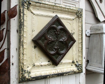 23 1/2" Antique Tin Ceiling Tile. Old chippy paint. Architecture salvage wall art. Primitive rustic art