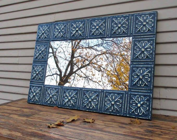 Large Blue Wall Mirror, Antique Ceiling Tin Tile Mirror, Architectural