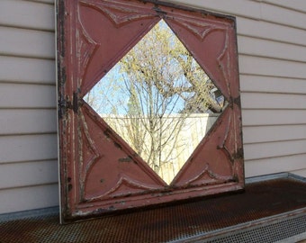 Ceiling Tin Tile Mirror, Antique Architectural salvage, Old pink paint, Bathroom entryway mirror