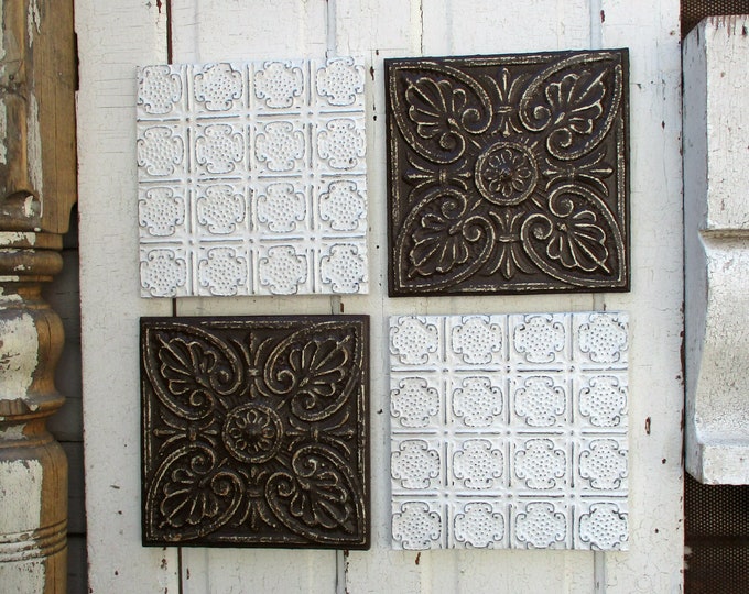 Antique Ceiling Tin Tiles. Set of 4. Vintage Metal Tiles Architectural Salvage Wall Decor. Brown