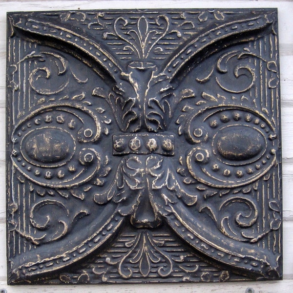 FRAMED 2'x2' Antique Ceiling Tin Tile. Circa 1910.  Ready to Hang.  BLACK. Such cool old tin.