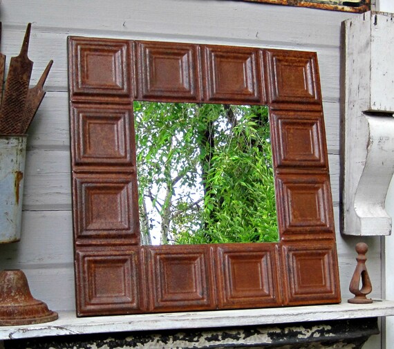 Ceiling Tin Tile Mirror 2 X2 Rustic Architectural Salvage Rusty Primitive Farmhouse Cabin Decor Pressed Tin Mirror Wall Mirror