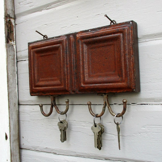 Rustic Key Hook Wall Key Hook Antique Tin Ceiling Tile Old Etsy