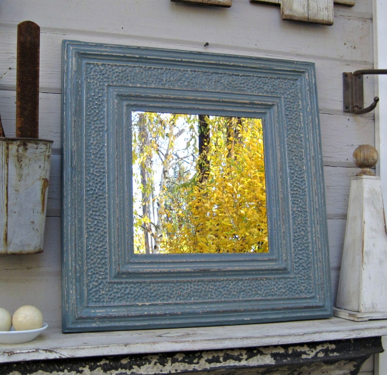 Tin Ceiling Tile Mirror Antique Architectural Salvage Blue Wall Mirror Bathroom Bedroom Entryway Mirror Metal Tile Mirror