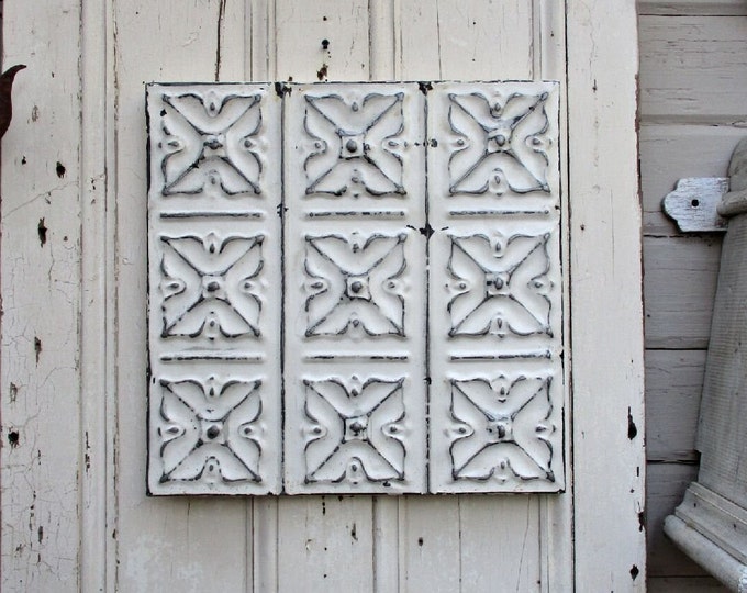 Architectural Salvage Wall Art, Old Ceiling Tin Tile, 17 1/2, Rustic Farmhouse Cabin Decor