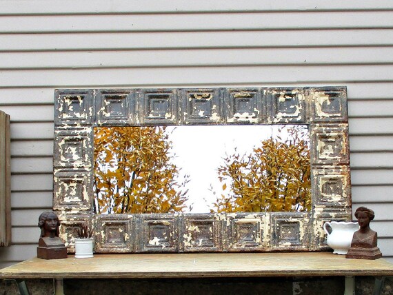 Rustic Wall Mirror Tin Ceiling Tiles Bedroom Bathroom Wall Mirror Architectural Salvage Shabby French Country Decor