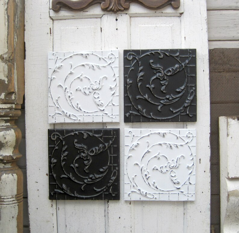 Tin Ceiling Tiles All 4 Framed Black And White Pressed Tin Tiles Antique Architecture Salvage French Country Farmhouse Decor