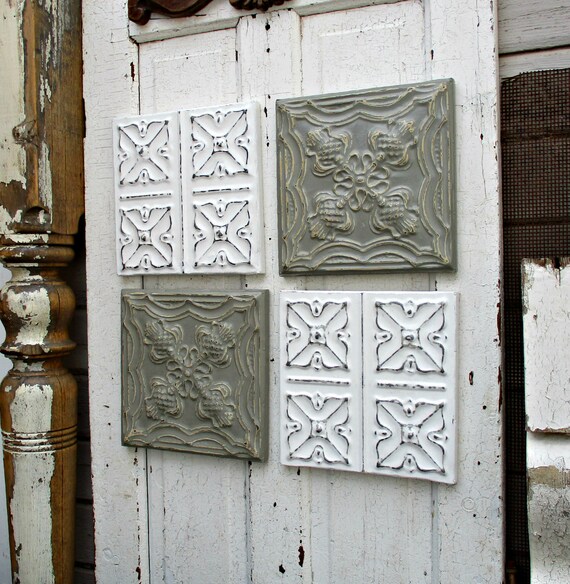 Tin Ceiling Tiles All 4 Framed Gray And White Industrial Pressed Tin Tiles Antique Architecture Salvage French Country Farmhouse Decor