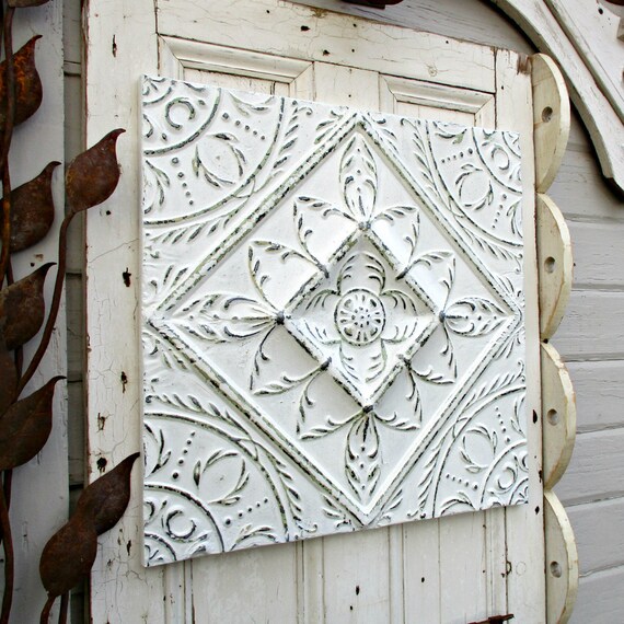 Tin Ceiling Tile 24 White Architectural Salvage White Pressed Tin Tile Framed Vintage Tin Panel Farmhouse White Wall