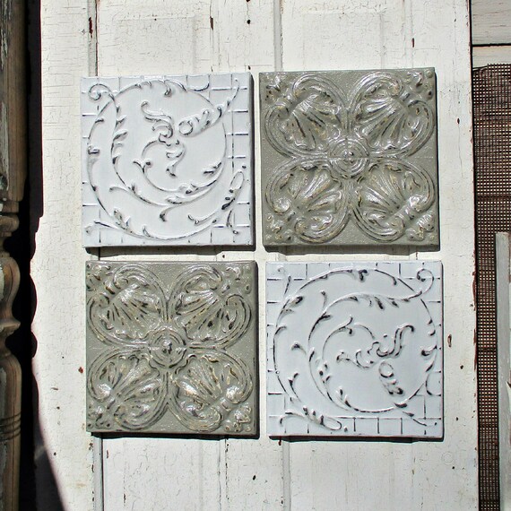 Tin Ceiling Tiles All 4 Framed Gray And White Industrial Pressed Tin Tiles Antique Architecture Salvage French Country Farmhouse Decor