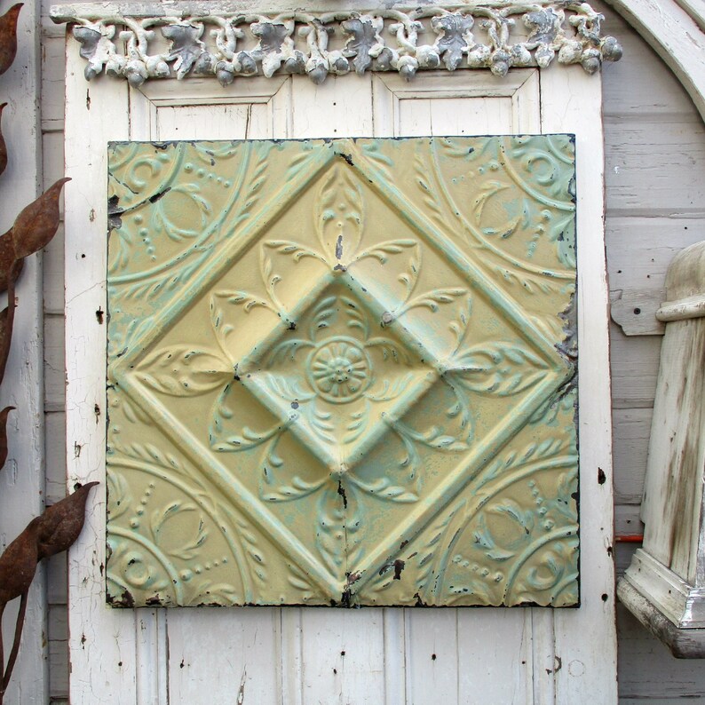 Architectural Salvage Wall Decor Tin Ceiling Tile Rustic Wall Decor Chippy Old Paint Farmhouse Decor Old Pressed Tin Tile