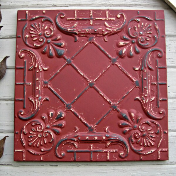 Antique Pressed Tin Tile. Circa 1910.  FRAMED 2'x2'. Ready to Hang. Magnet Board. Wall Decor. Old Ceiling Tin.