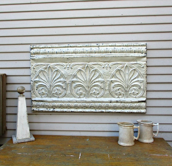 Tin Ceiling Tile Antique Vintage Architectural Salvage Wall Art Framed Ready To Hang Old Off White Paint Rustic Decor Tin Ceiling Art