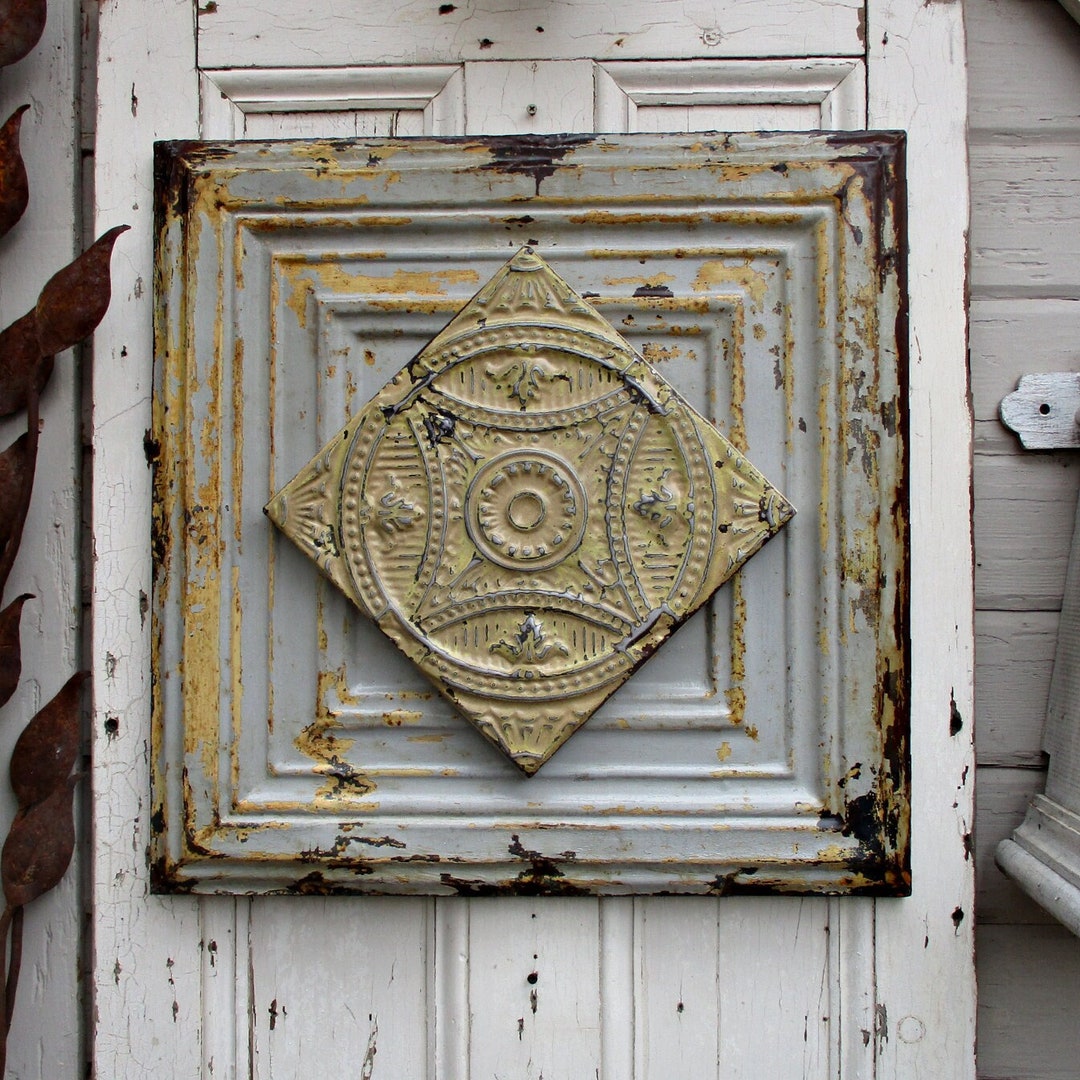 Architectural Salvage Wall Decor, Tin Ceiling Tile, Rustic Original Old Paint, Handmade Recycled