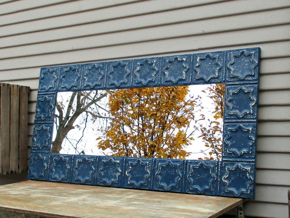 Tin Ceiling Mirror Indigo Dark Blue Bathroom Bedroom Mirror Antique Architectural Salvage Large Wall Mirror