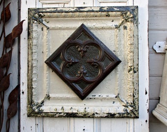 23 1/2" Antique Tin Ceiling Tile. Old chippy paint. Architecture salvage wall art. Primitive rustic art