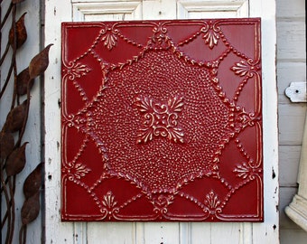 Old Tin Ceiling Tile, 23 1/2", Architectural salvage, Vintage wall decor, Antique pressed tin, Red kitchen wall decor