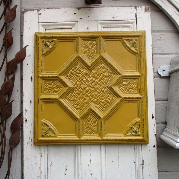 Antique Tin Ceiling Tile, Arkansas architectural salvage, Mustard yellow decor, French country farmhouse wall art