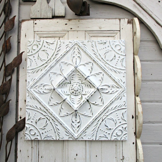 Tin Ceiling Tile 24 White Architectural Salvage White Pressed Tin Tile Framed Vintage Tin Panel Farmhouse White Wall