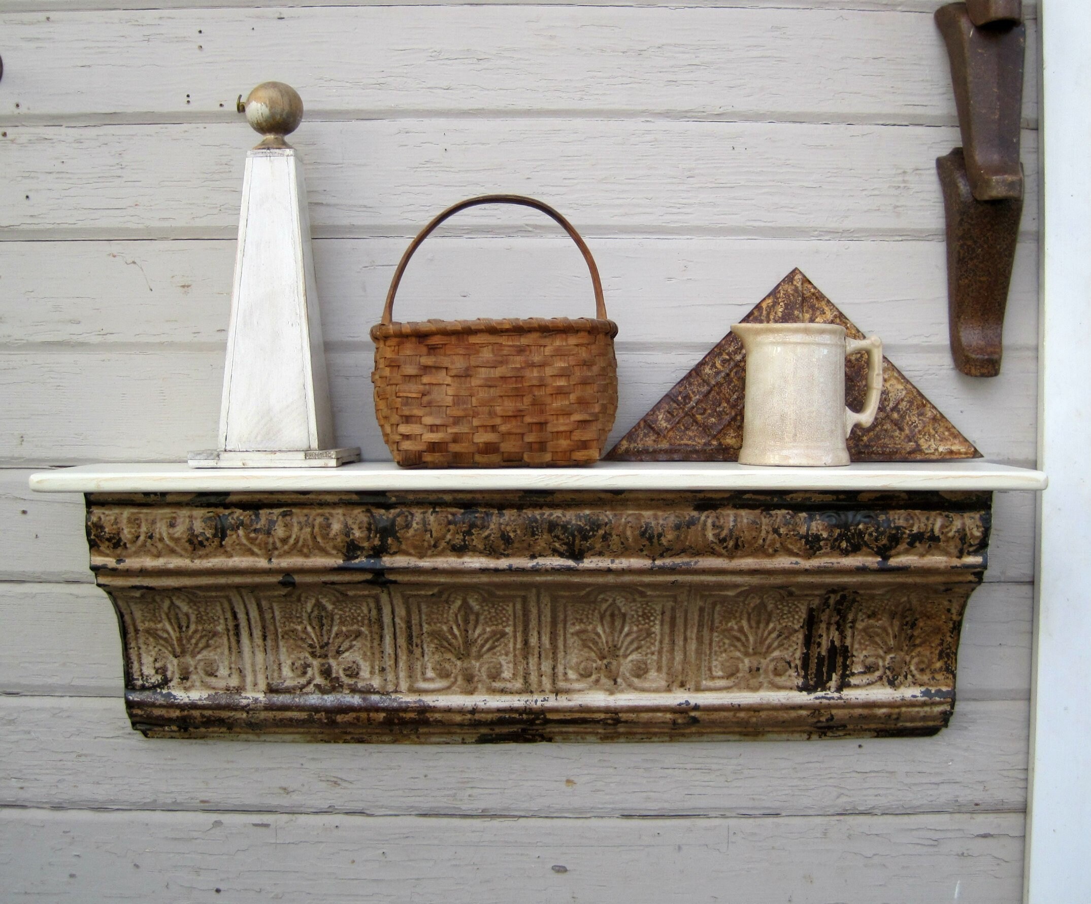 Rustic Fireplace Mantel Vintage Ceiling Tin Wall Mount Shelf Large 38 Farmhouse Antique Architectural Chippy Paint