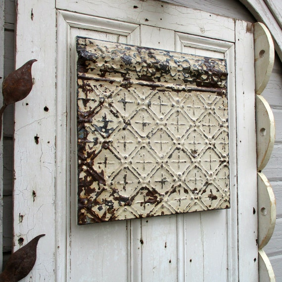 Antique Tin Ceiling Tile Panel 17 1 2 Framed Pressed Tin Tile Old Chippy Paint Architecture Salvage Primitive Rustic Wall Decor