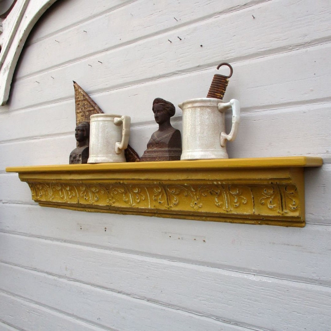 Antique Ceiling Tin Metal Wall Shelf. Architectural Salvage Wall Decor. Mustard Yellow Bathroom