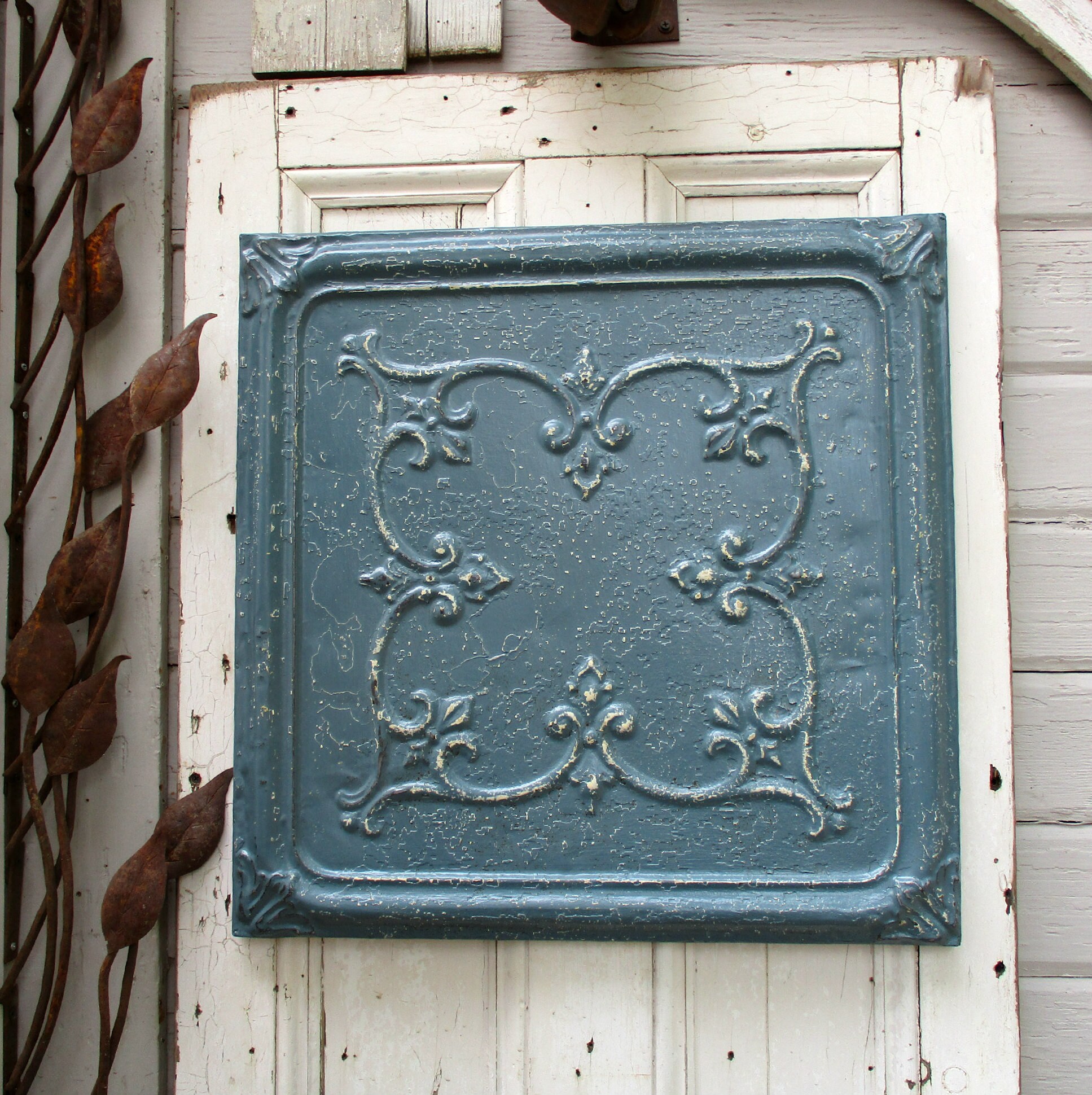 Antique Tin Ceiling Tile Framed 24 Antique Metal Tile Vintage Architectural Salvage Dresden Blue Wall Decor Old Pressed Tin