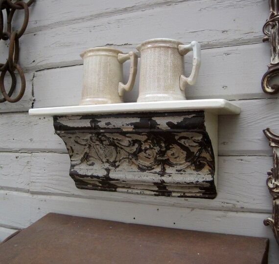 Architectural Salvage Wall Shelf Rustic Shelf Ceiling Tin Shelf Farmhouse Decor Vintage Shelf French Country Decor Primitive Old