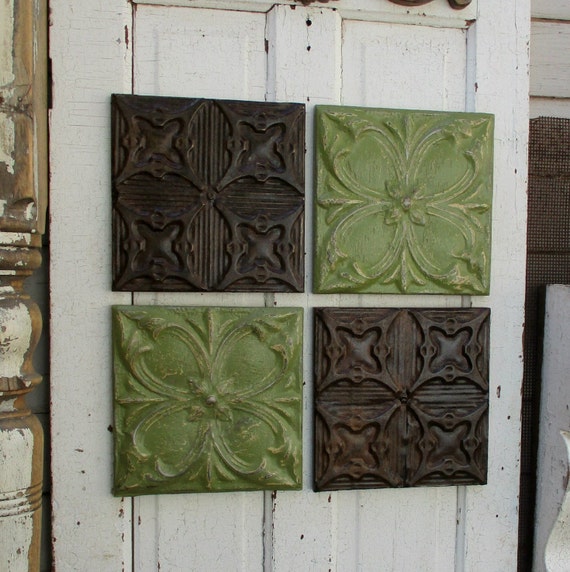 Tin Ceiling Tile Set Of 4 Framed And Ready To Hang Antique Architectural Salvage Green And Brown Wall Art Tin 10 Anniversary Gift