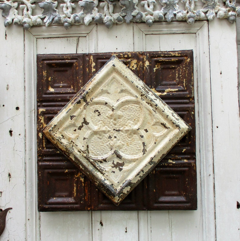 Architectural Salvage Wall Decor Antique Tin Ceiling Tile Rustic Farmhouse Industrial Cabin Decor French Country Ceiling Tin Art