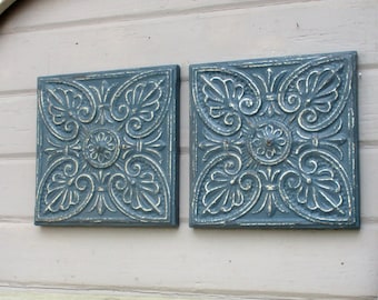 Antique Tin ceiling tiles, SET of 2, Architectural salvage wall decor, Small artwork, Tiny spaces