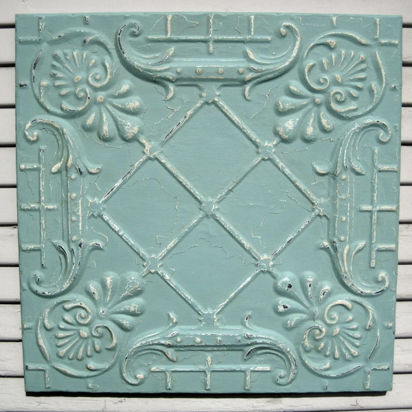 FRAMED 2'x2' Antique Ceiling Tin Tile. Circa 1910. Aqua/Turquoise. Ready to Hang. Great for magnet board as well.