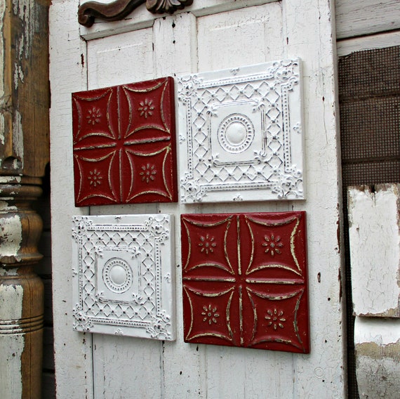 Tin Ceiling Tiles Set Of 4 Framed Tiles Antique Etsy
