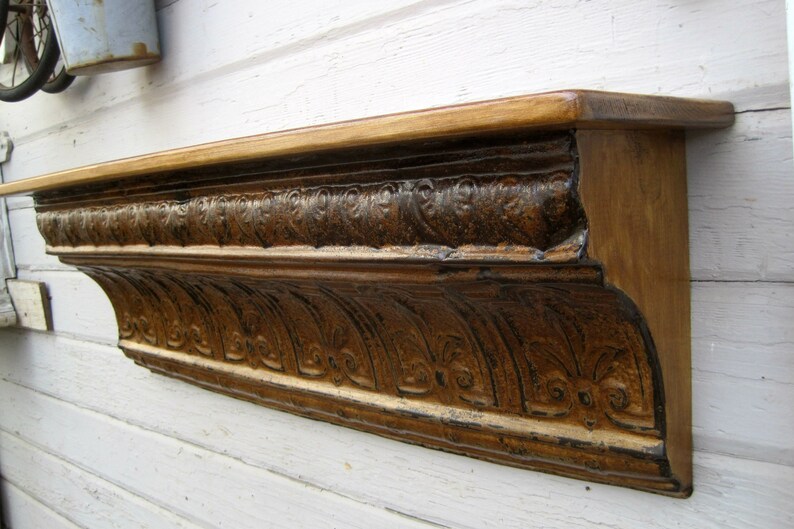 Antique Ceiling Tin Wall Shelf Architectural Salvage Decor Rustic Farmhouse Storage Fireplace Mantel